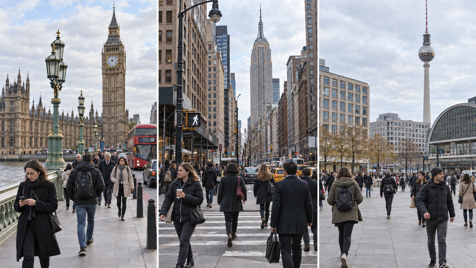 A photographic triptych of commuters and streets in London, New York and Berlin.