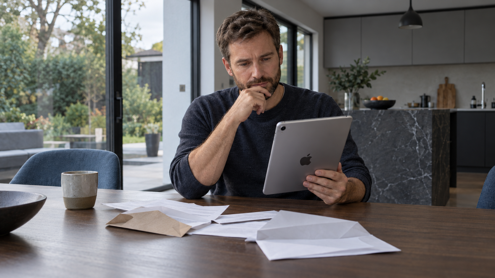 A man uses an iPad beside opened envelopes at a table in a modern house.