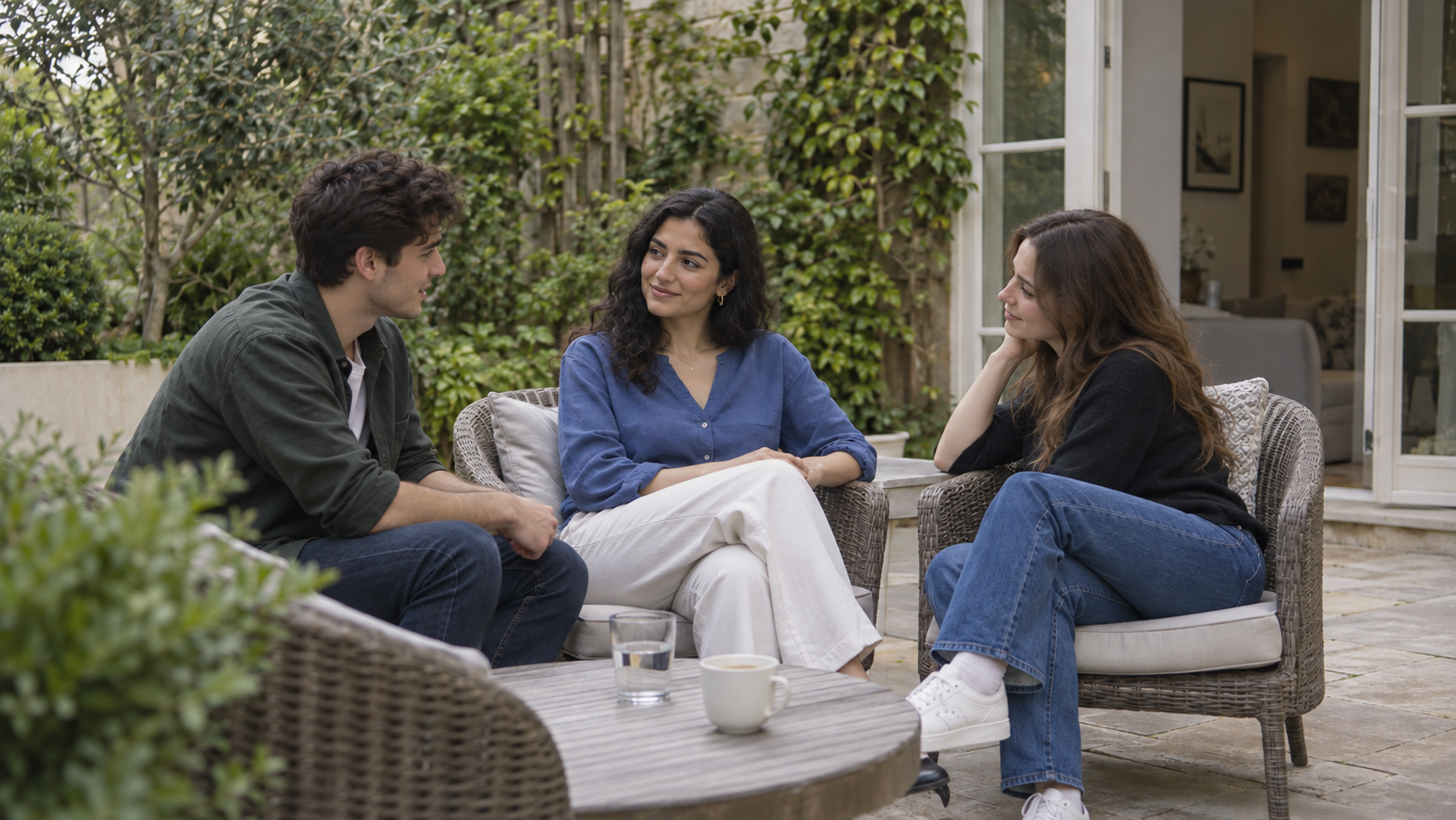 Three young friends enjoy a relaxed conversation on a garden terrace.