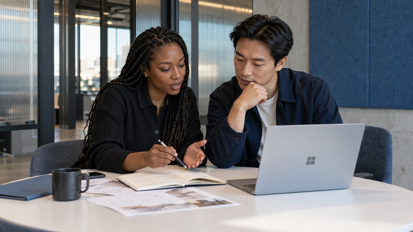 Two young colleagues discuss project notes at a shared office table.