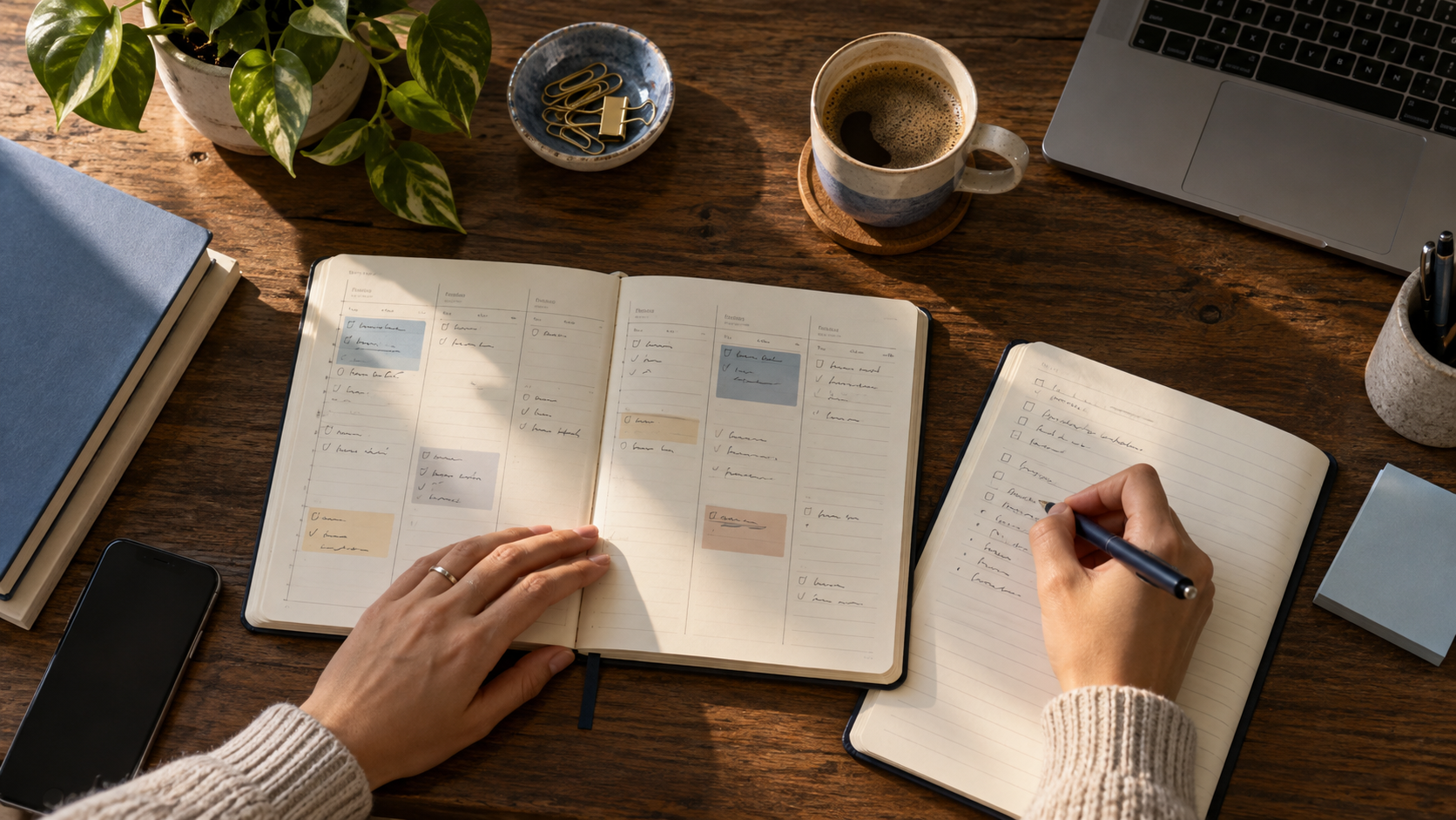 A weekly planner, notebook and pen arranged on a wooden desk.