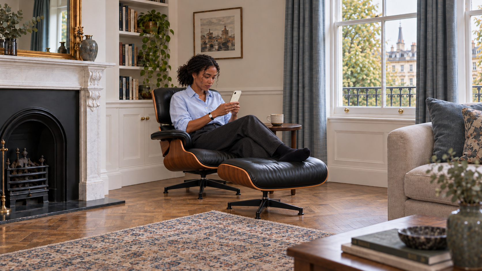 A young woman uses a Light Gold iPhone Air while seated in an Eames Lounge Chair near a bookcase in a Hyde Park apartment.