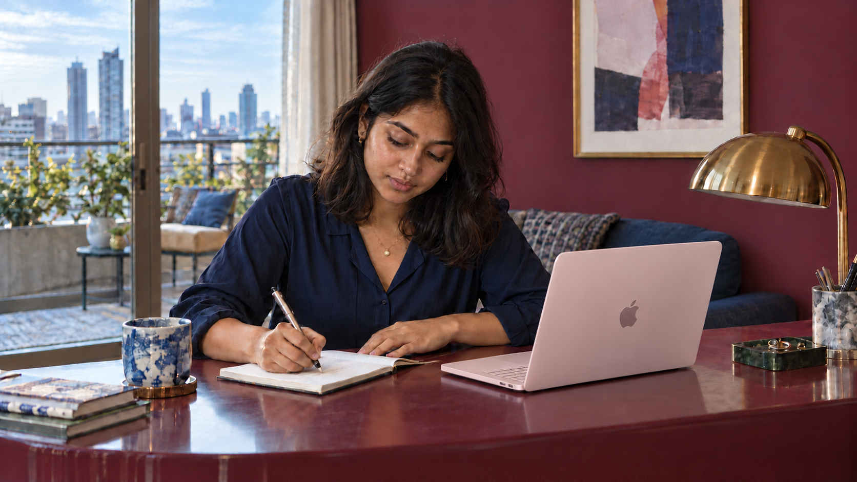 A young woman drafts a letter beside a Blush MacBook Neo in her apartment.