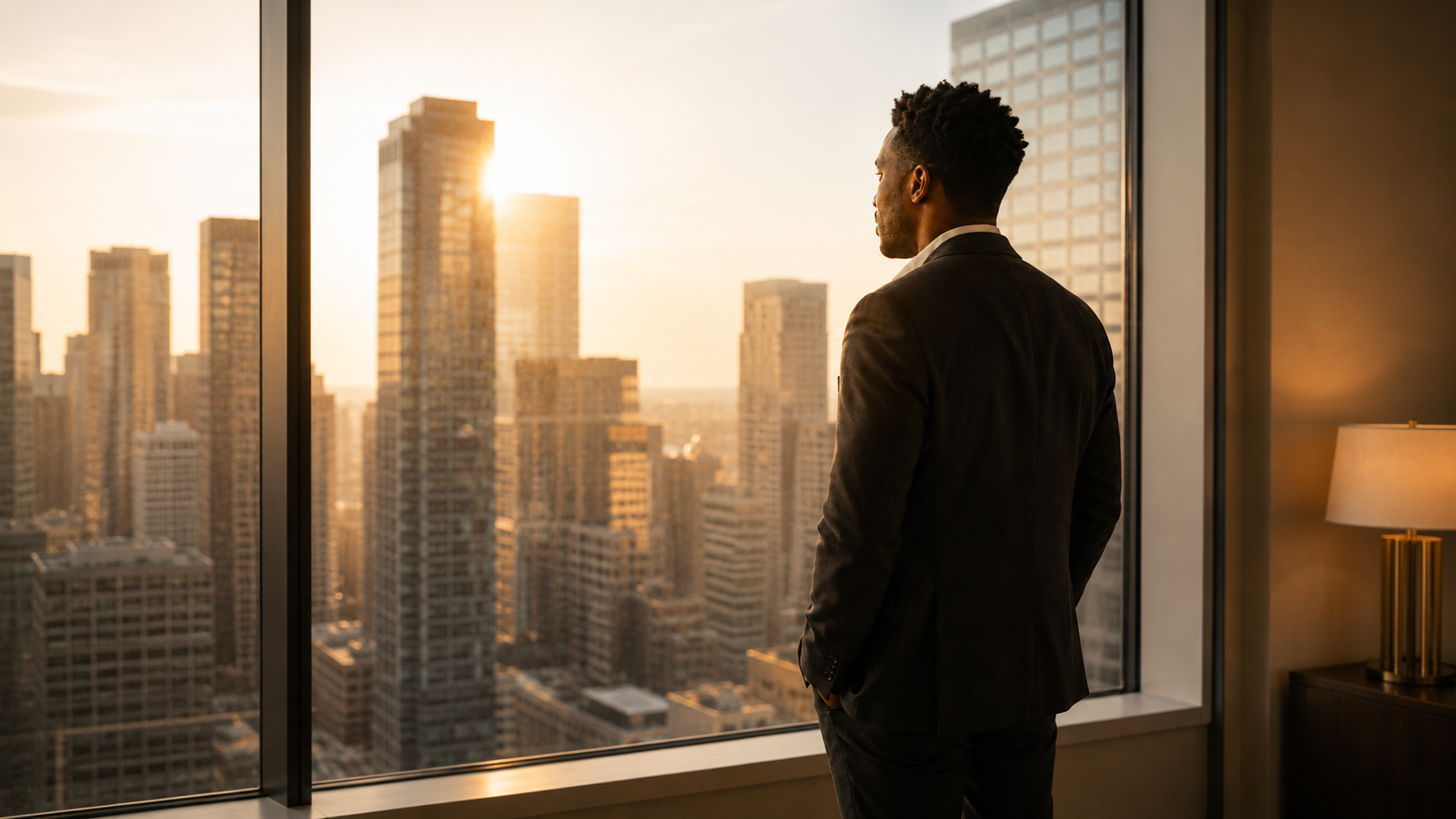 Professional looking out over a city skyline