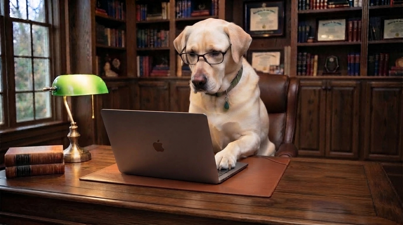 A Labrador wearing glasses uses a laptop at a desk.