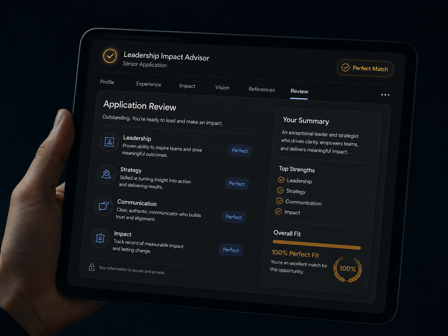 Professional reviewing an application match assessment